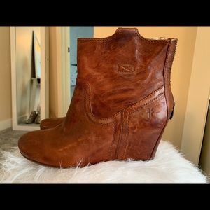 Frye wedge cognac booties sz 10